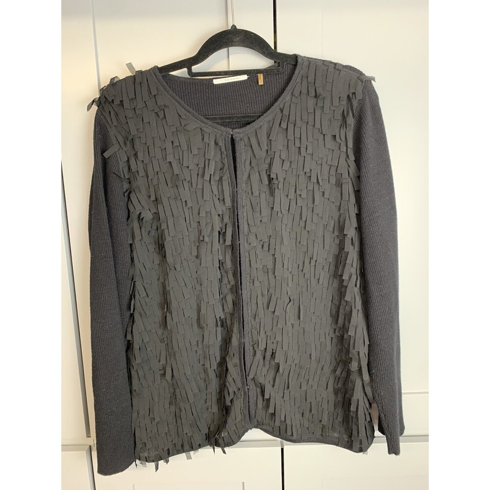 T.Tahari Women Cardigan Sweater XL Black Front Fringe Open Sweater workwear